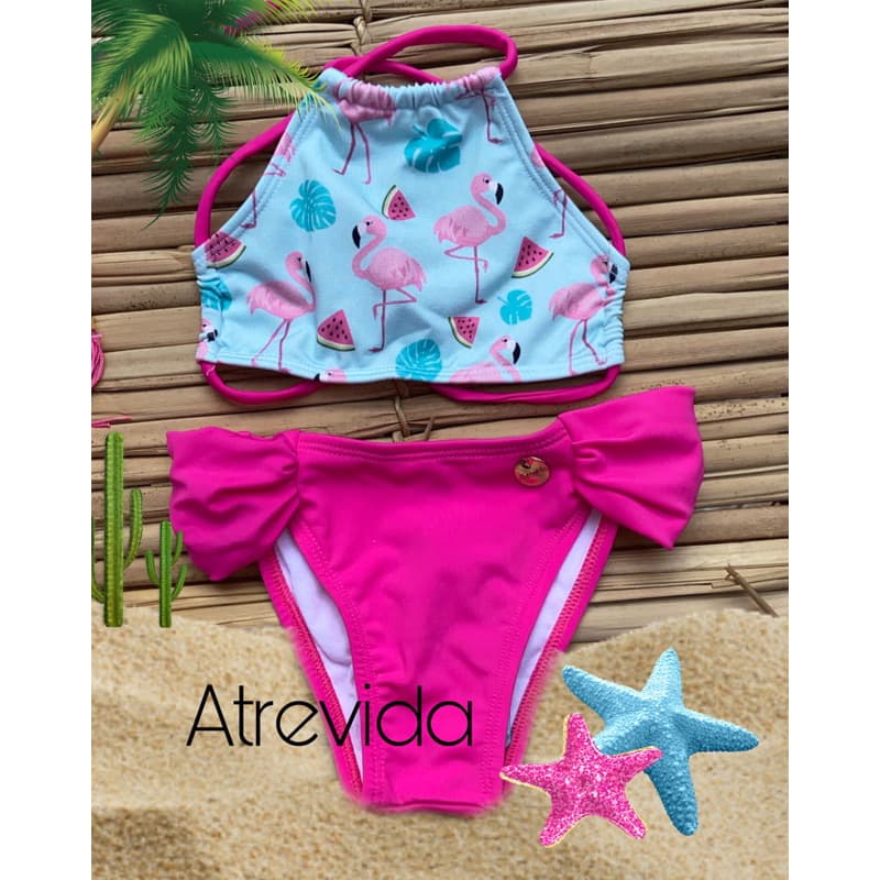 biquíni infantil e juvenil cropped flamingo(calcinha  drapeada rosa(2024) proteção UV