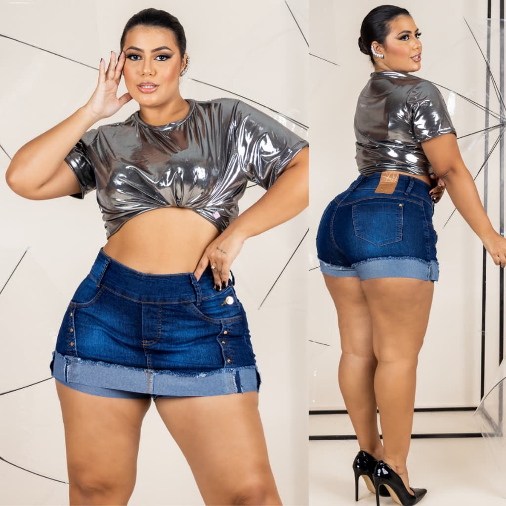 Short Saia Jeans Plus Size Feminino Cintura Alta Com Lycra 44 Ao 54