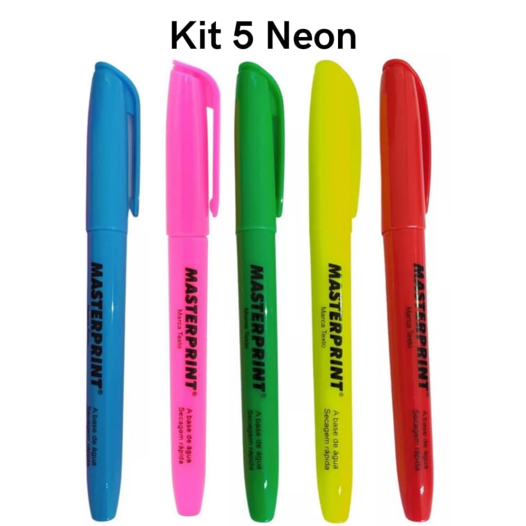 Kit 5 Canetas Marca Texto Neon Rosa Azul Amarelo Verde Vermelho Grifa Texto Escolar Masterprint