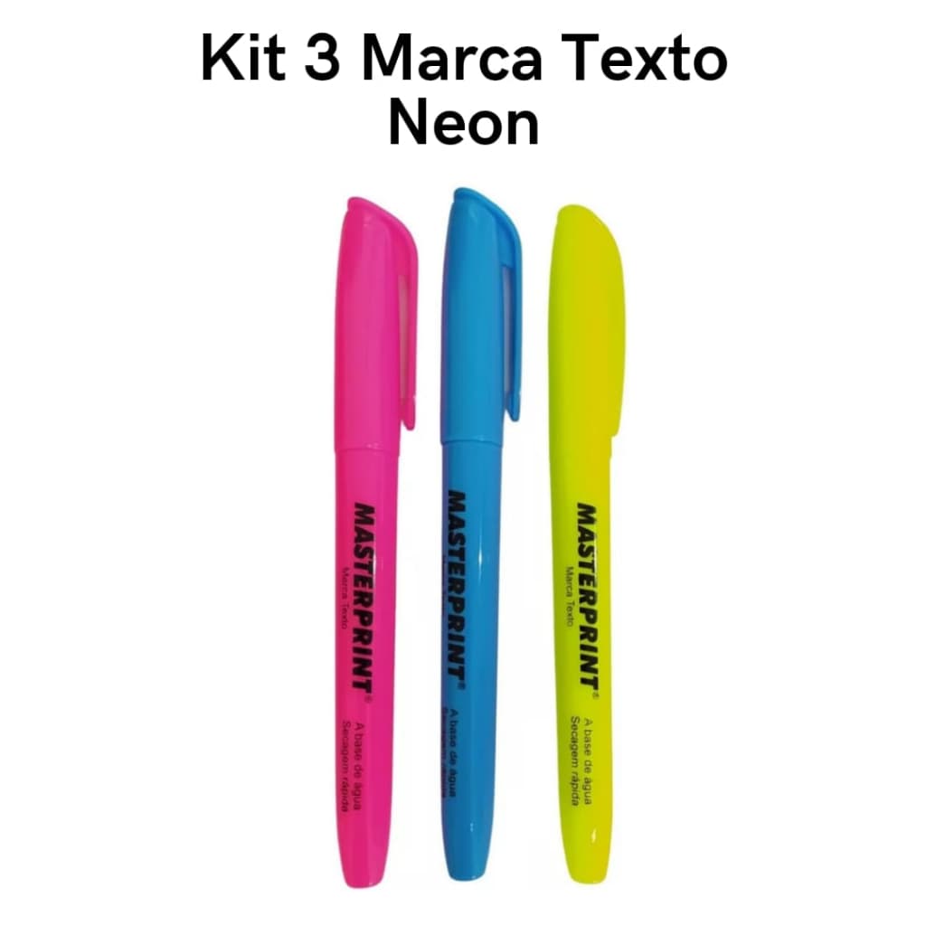 Kit 3 Canetas Marca Texto Neon Rosa Azul Amarelo Escolar Grifa Texto Masterprint