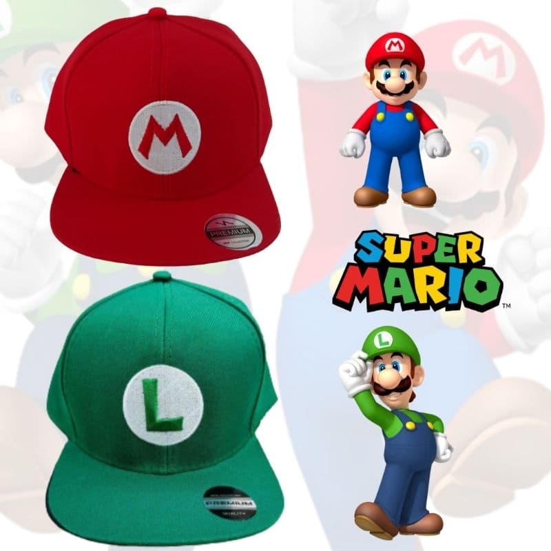Boné Super Mario e Boné Luigi infantil aba reta para meninos e meninas