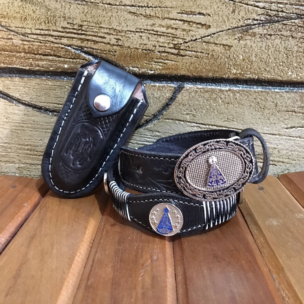 Cinto Infantil de Nossa Senhora Aparecida + Bainha de Canivete de Cavalo Couro