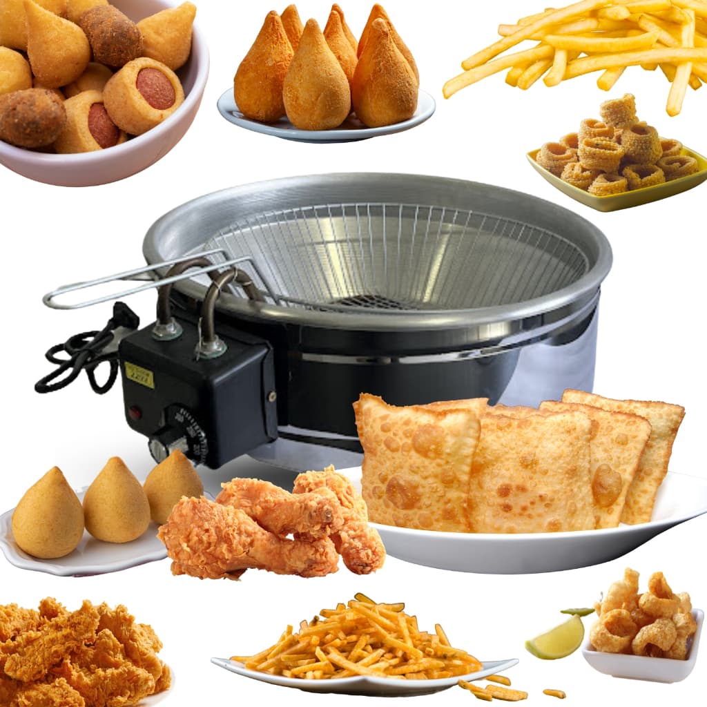 Fritadeira elétrica Industrial 8 Litros Tacho 43cm base em aço inoxidável 110 ou 220V com termostato
