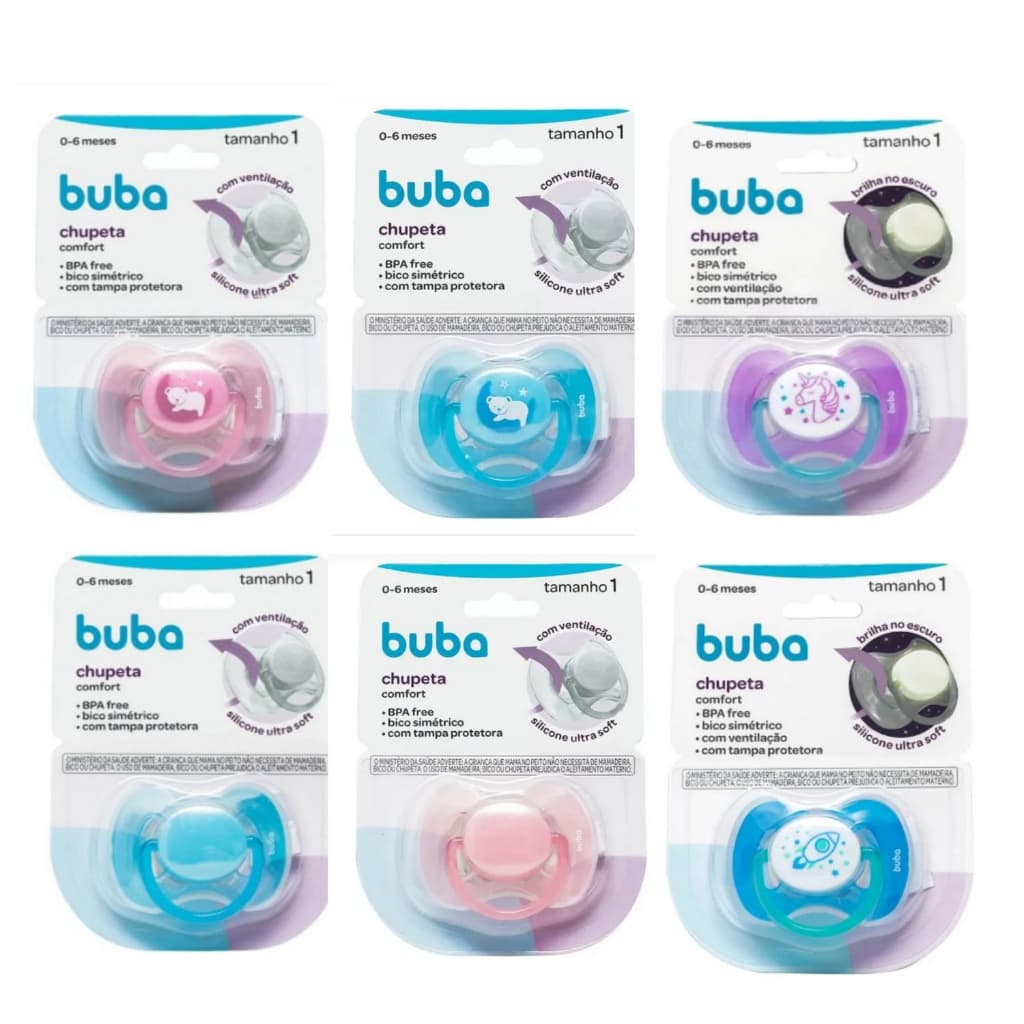 Chupeta Buba Com Tampa Protetora Bico de Silicone Simétrico Comfort Ultra Soft Ventilação Tamanho 1 (de 0 a 6 meses)