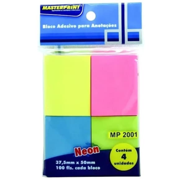 Bloco Adesivo Para Anotações 400 Folhas 4 Cores Neon Masterprint
