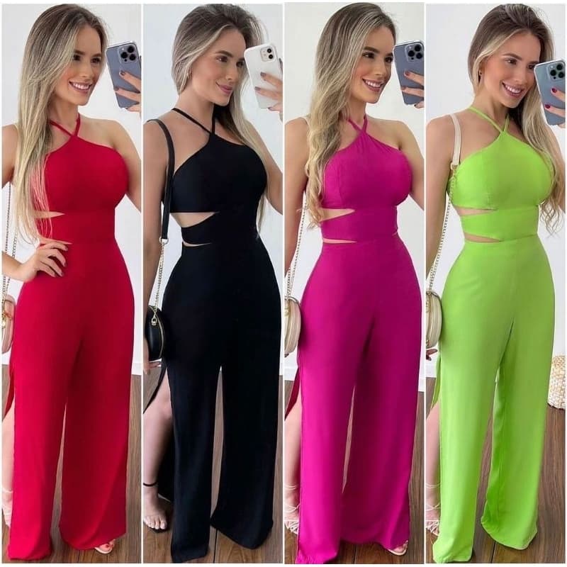 Macacão Feminino Alana  Elegante Com Recortes Laterais e Pernas Largas Moda Verão Casual Chique