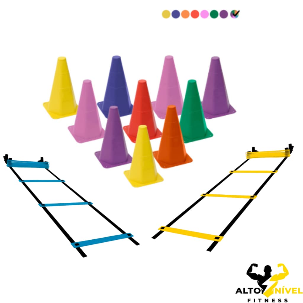Kit Escada Agilidade 7 Degraus + 10 Cones Demarcatorio Coloridos Treinamento Treino Futebol Futsal Academia