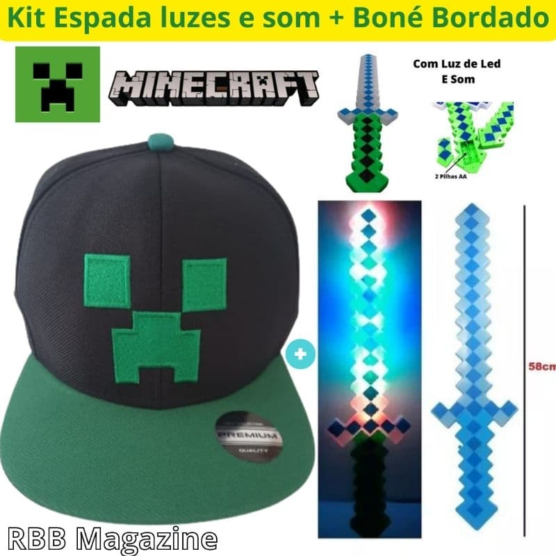 Boné bordado infantil para meninos aba reta+ brinquedo musical com luzes minecraft