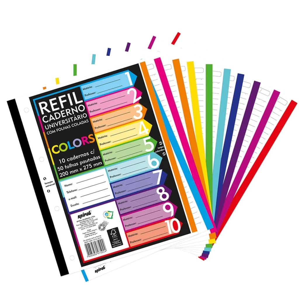 Folha de Fichário Universitário A4 (200 mm x 275 mm) 500/250/150/100 folhas 4 Furos/10/5/3/2 Matérias Colors Spiral