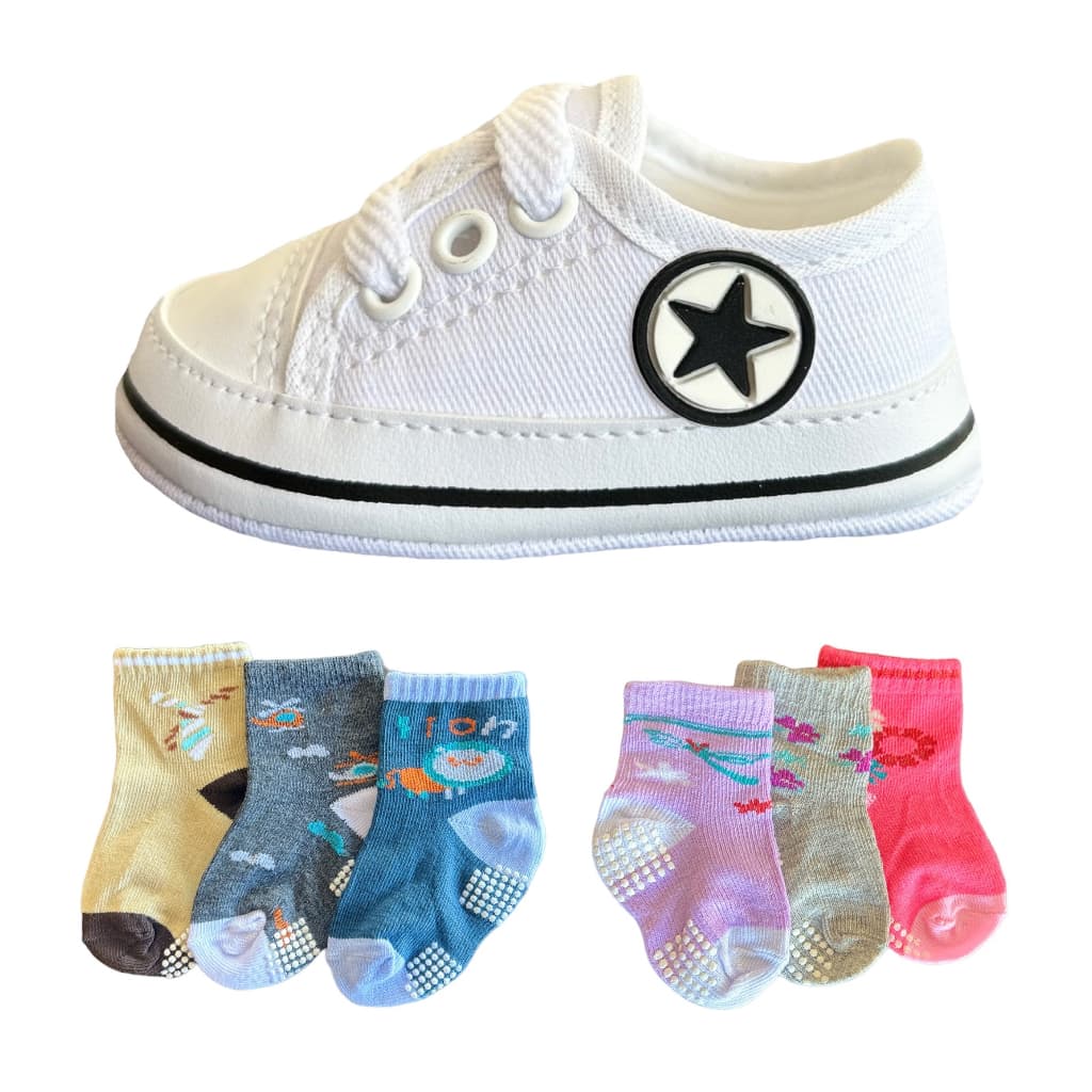 Kit Tênis Sapatinho e 3 Pares Meias para Bebê Recém Nascidos Menino e Menina Infantil Cano Baixo