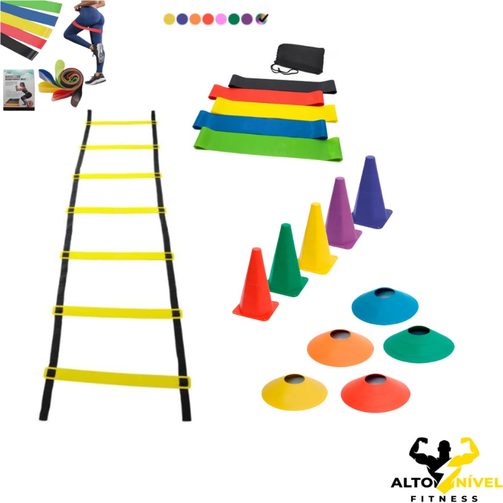 Kit Funcional Agilidade 05 Cones 05 Chapéus Chinês Escada 7 Degraus 01 Kit 5 Faixas Mini Bands