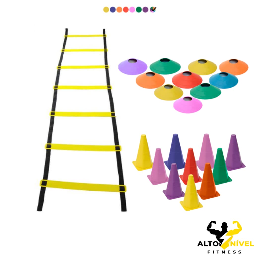 Kit Treino Funcional Agilidade Escada 7 Degraus + 10 Cones + 10 Chapéus Chinês