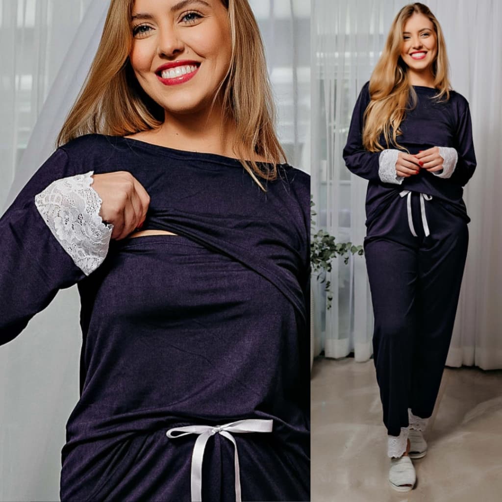 Pijama Amamentação Soft Fluffy Azul Marinho Com Renda Branca