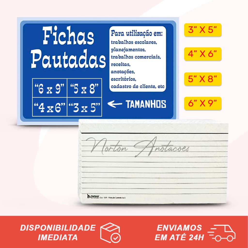 Ficha Pautada 3x5 / 4x6 / 5x8 / 6x9 Para Anotações 100 Folhas Tamoio