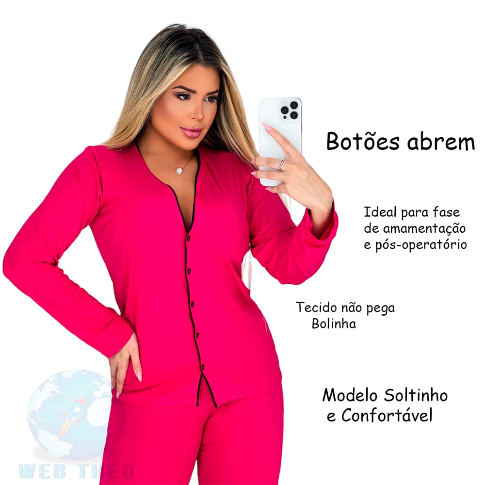 Pijama Feminino Longo Adulto de Botão Amamentação Americano