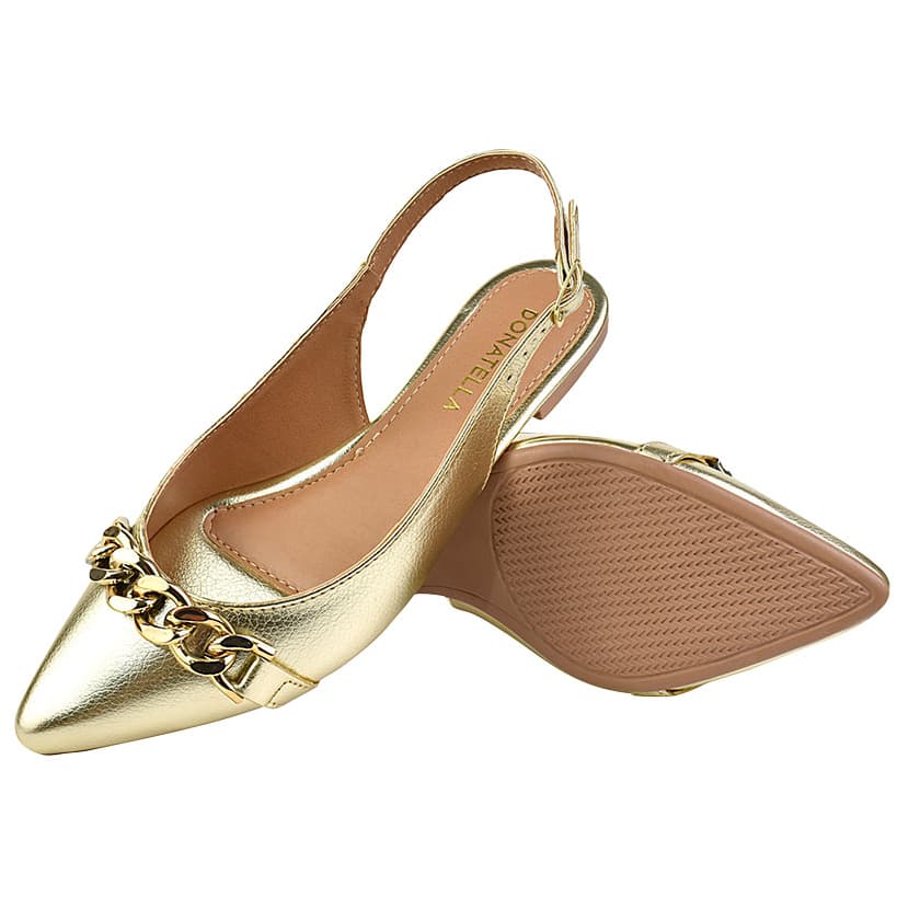 Sapatilha Sandália Feminina Corrente Confort Bico Fino Macia Novo Promoção Oferta Metalizada