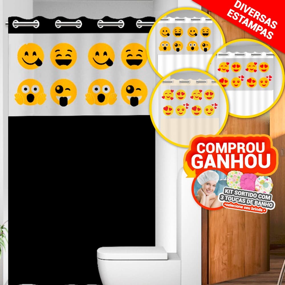 Cortina Box Emoji com Visor Para Banheiro 100% PVC Alta Qualidade Resistente Anti Mofo Várias Cores