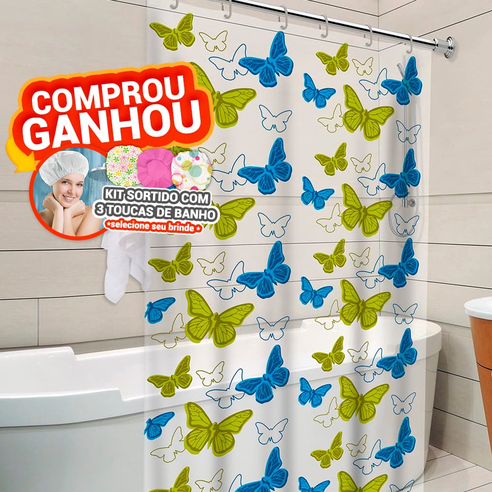 Cortina de Box Papilon Borboleta Azul e Verde 100% PVC Antimofo c/ gancho