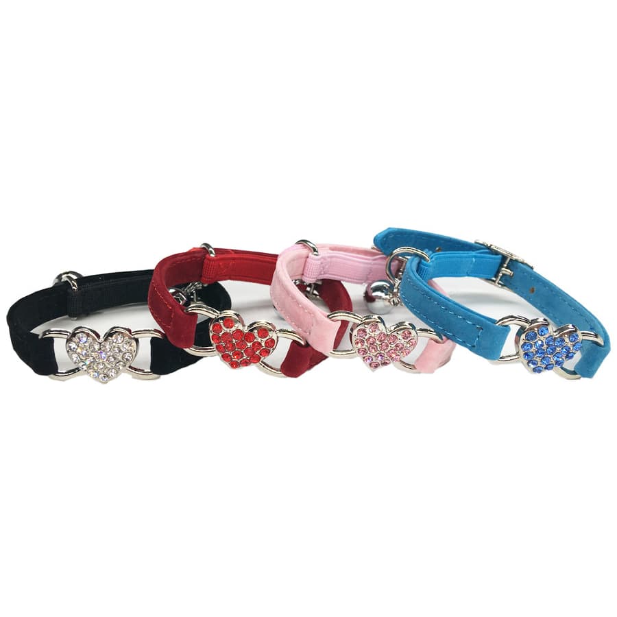 Coleira Para Pet Veludo Com Pingente De Coração Cristal Gato Cachorro