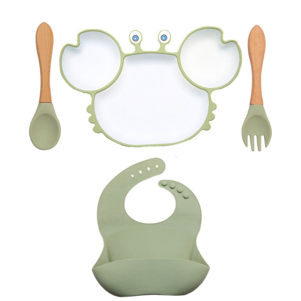 Kit Alimentação Bebê Prato Talher Babador Silicone Livre de BPA Flexível Prato Caranguejo com Ventosa Baby Promo!!