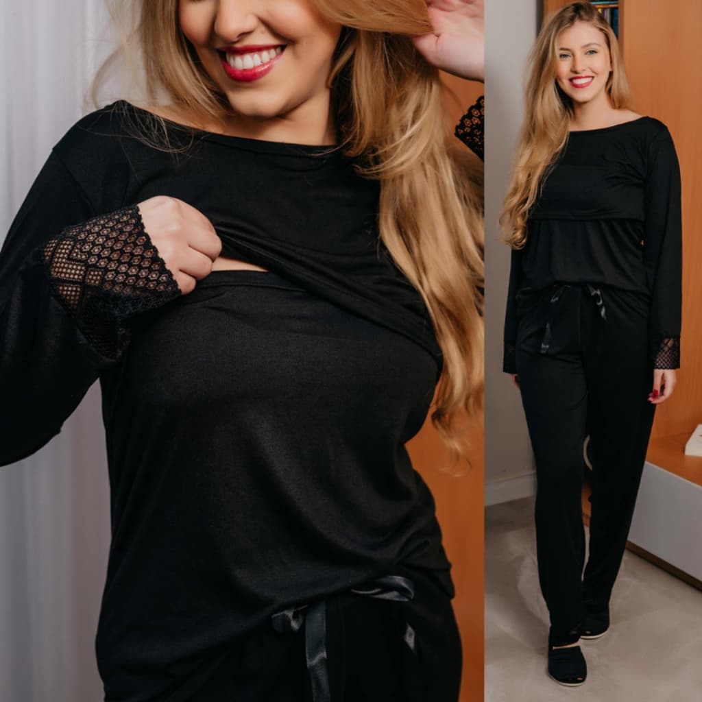 Pijama Amamentação Longo Calça e Blusa Soft Fluffy Com Renda