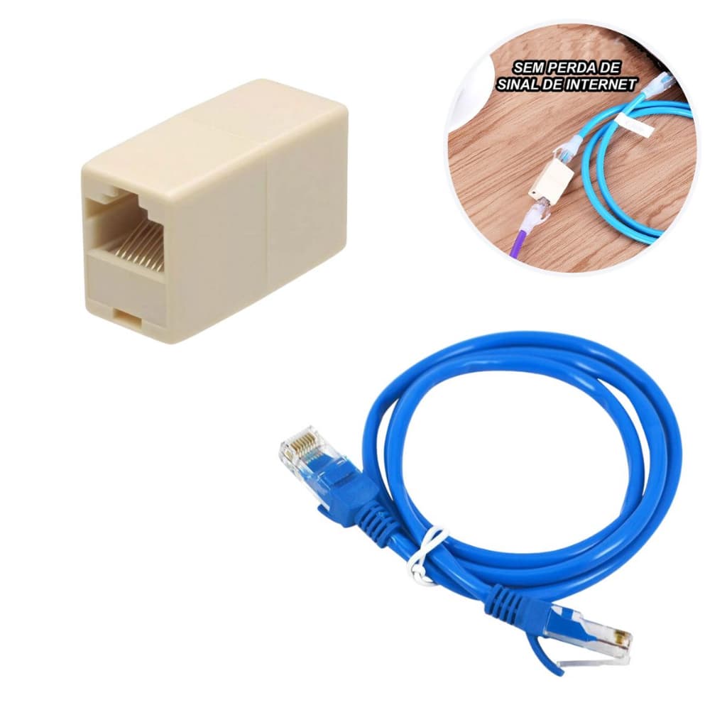 Kit Emenda Rj45 Fêmea Prolongador + Cabo De Rede 3 Metros Conectar Internet Ligar Fio No Outro Montado Pronto