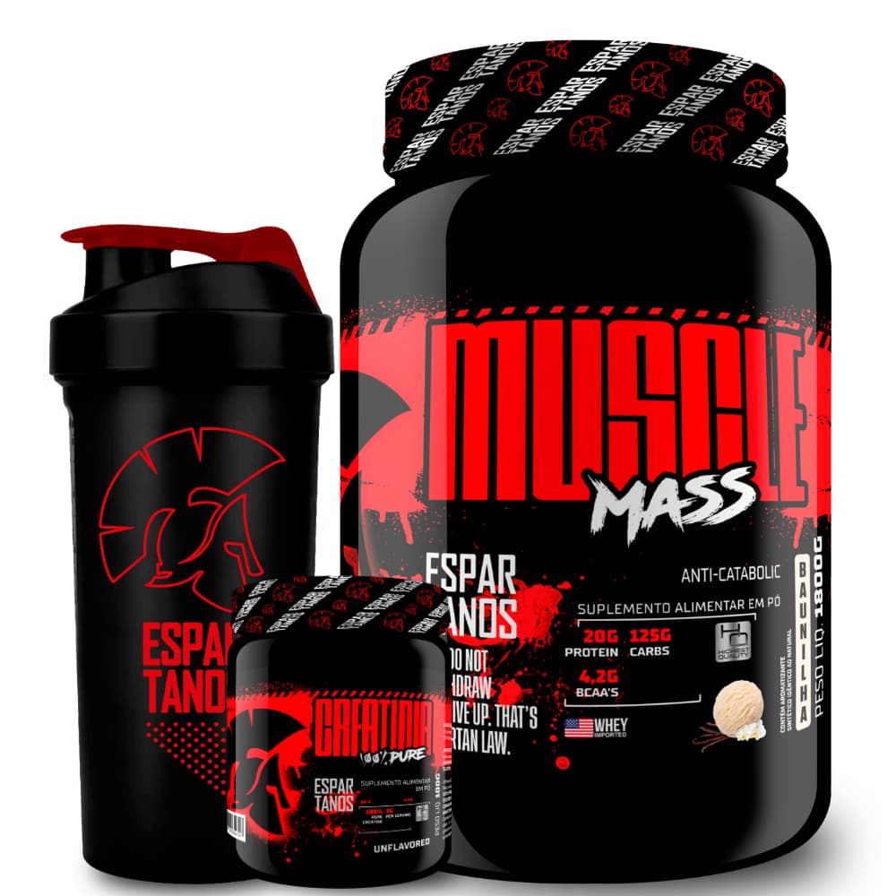 Kit Massa Hipercalórico MUSCLE MASS + Creatina 100g + Coqueteleira - Espartanos