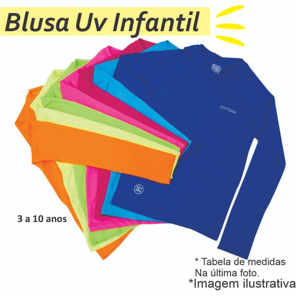 Camisa proteção solar UV infantil Blusa Térmica fator 50fps unissex manga longa 1 a 10 anos