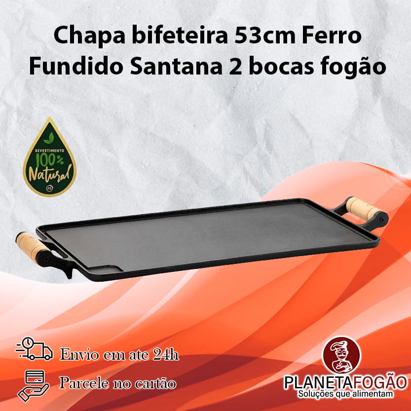 Chapa Bifeteira De Ferro Fundido Grande 53cm para fogão Alças De Madeira Santana