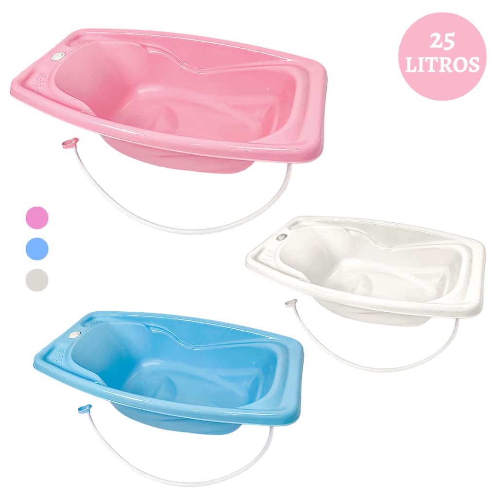 BANHEIRA PARA BEBÊ CARINHO 25 LITROS COM VÁLVULA DE ESCOAMENTO ROSA AZUL BRANCA