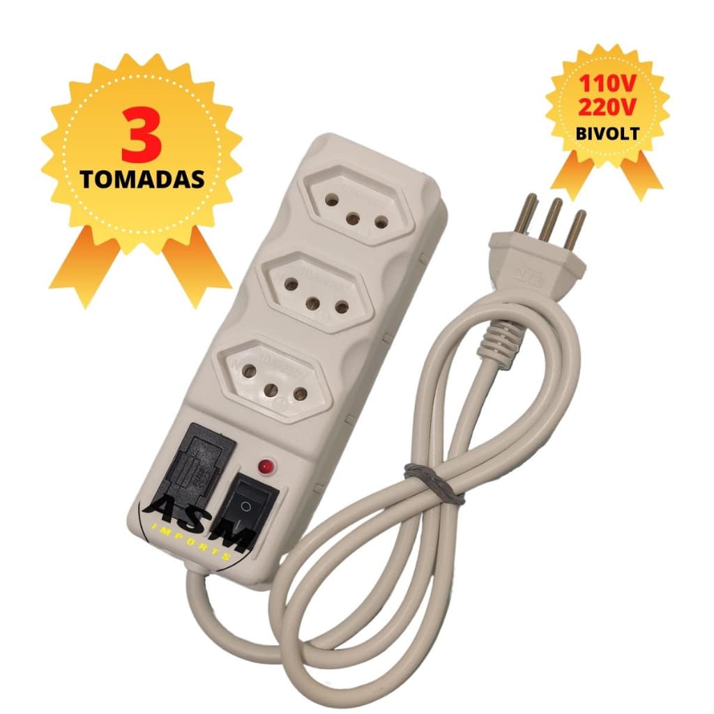 FILTRO DE LINHA RÉGUA ELÉTRICA branca MODELO 3 TOMADAS tripolar 10Amperes Disponível