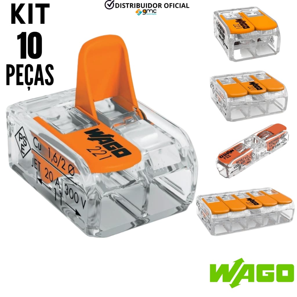 Kit 10 Peças Conector Elétrico Emenda Wago 221 Original 1, 2, 3 e 5 vias - 4mm e 6mm
