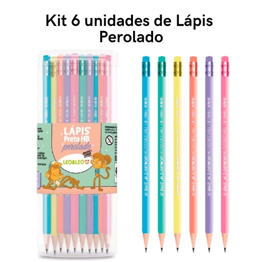 Kit 6 Lápis de Escrever HB Tom Pastel Perolado com Borracha  Escolar  Leo&Leo