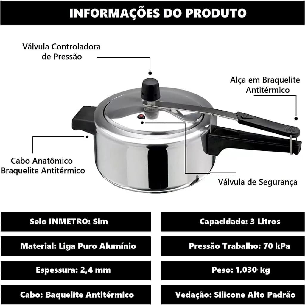PANELA DE PRESSÃO 3 LITROS POLIDA E CERTIFICADA PELO INMETRO + ENVIO RÁPIDO E SEGURO