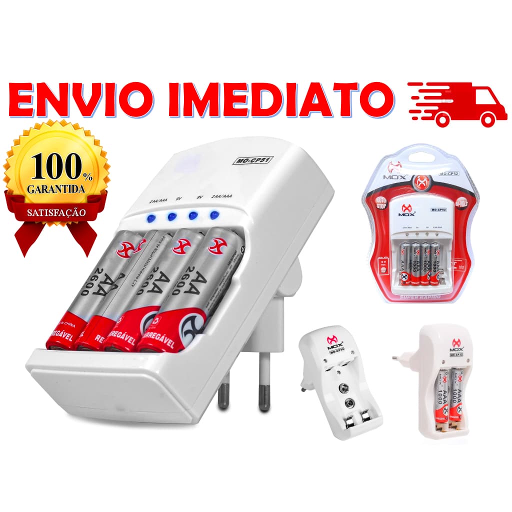 Carregador de Pilhas e Baterias AA AAA e 9V - ESCOLHA: CARREGADOR OU SOMENTE A PILHA - Carregador Rápido Mox Bivolt