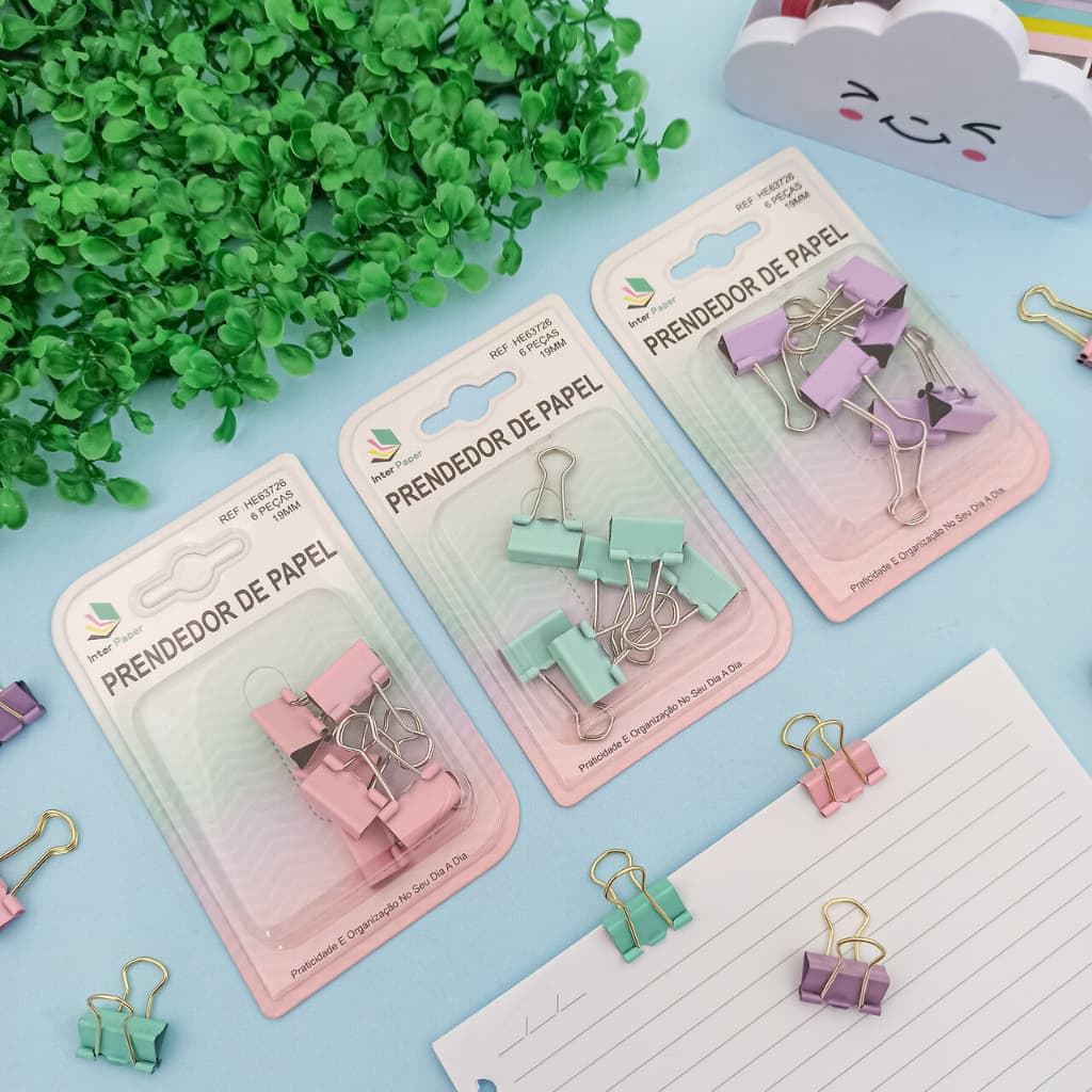 Prendedor de Papel 19 mm 6 Unidades (Lilás, Rosa e Verde Água) - Interponte