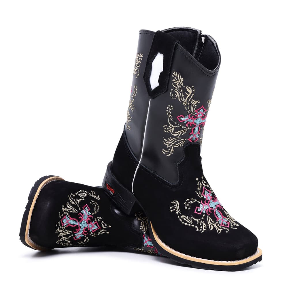Bota Texana Infantil Feminina Couro Bordado Colorido e Conforto para Meninas Festa Peao Junina