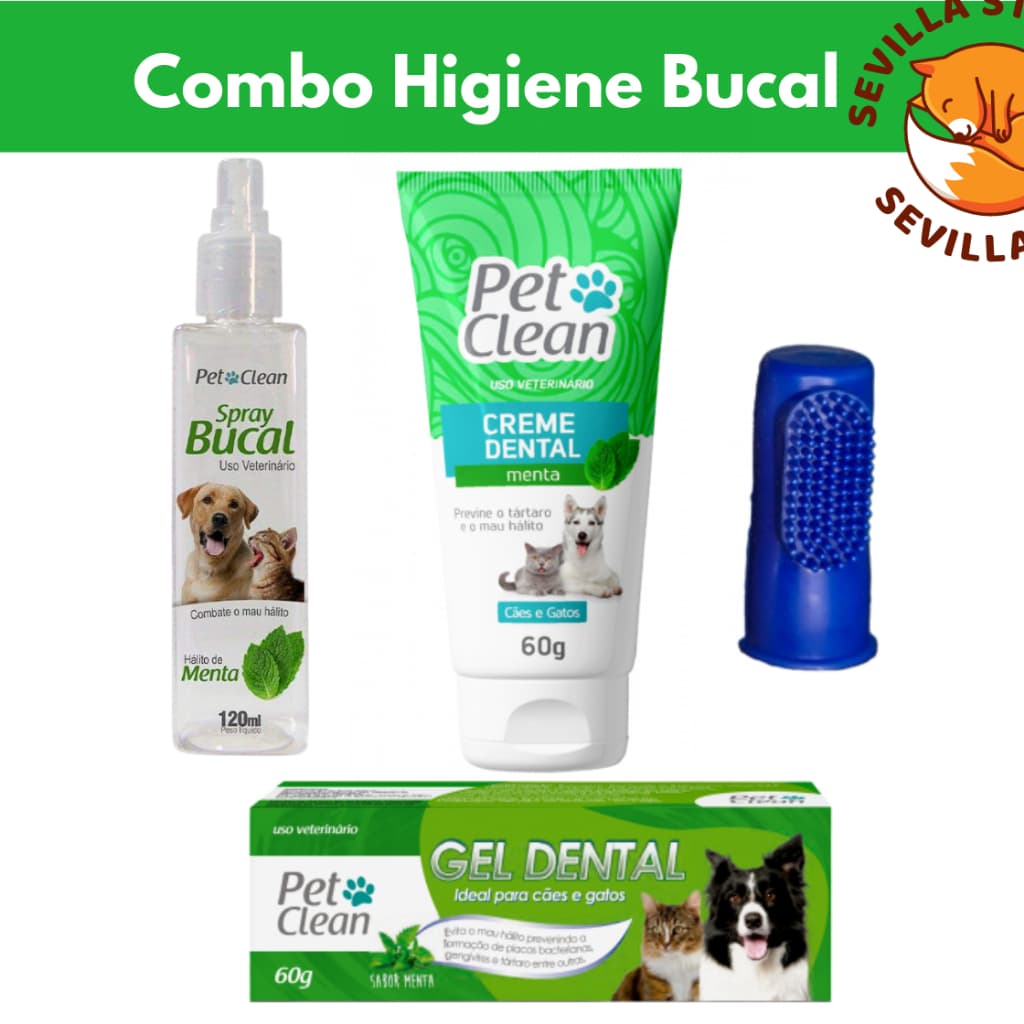 Combo Kit Higiene Dental Creme Dental + Spray Bucal para Cães e Gatos + Dedeira
