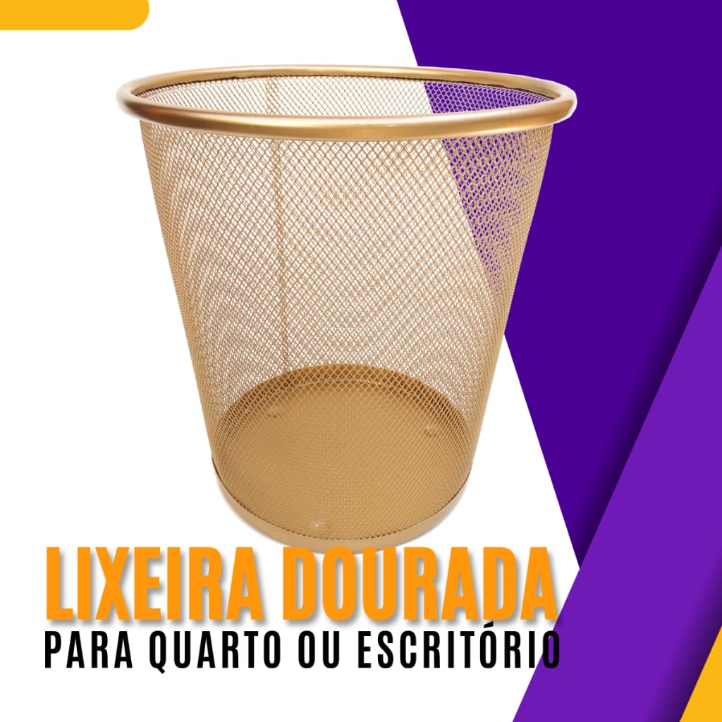 Lixeira Aramada para Escritório Cozinha Banheiro 10 litros em Metal Dourado