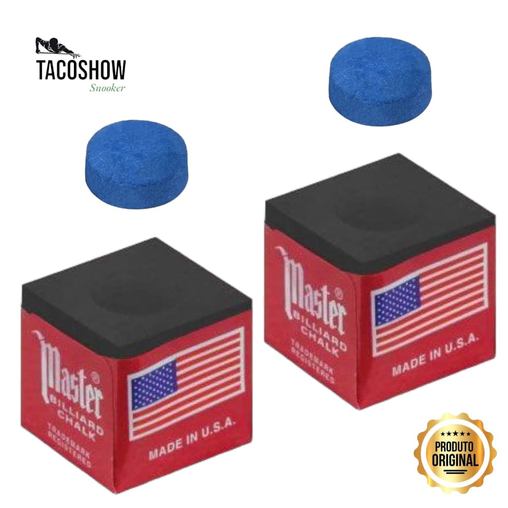 Kit 2 Giz De Sinuca Bilhar Master Triangle Original Preto Vermelho Azul Para Taco + 2 Solas de Couro Azul Profissional