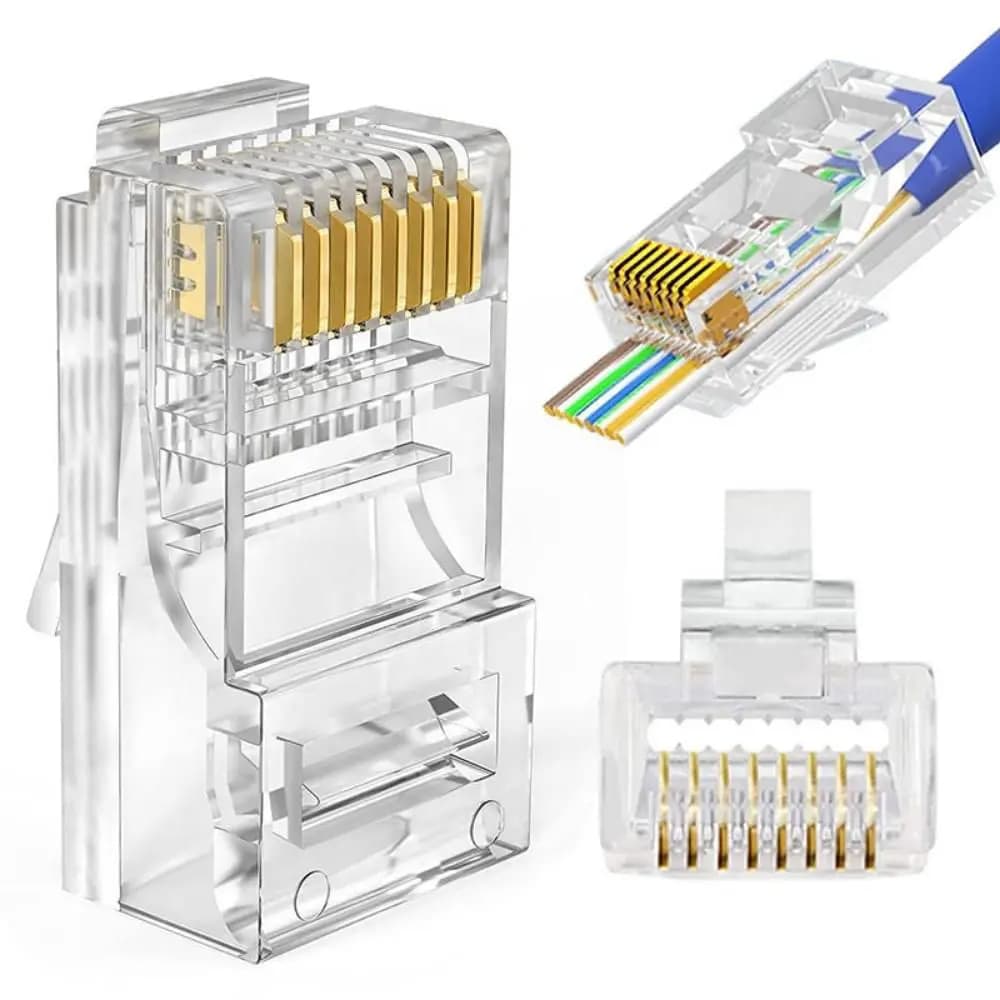 Kit 100 Conector Rj45 De Passagem Ez Crimp Cat5e Ouro Vazado