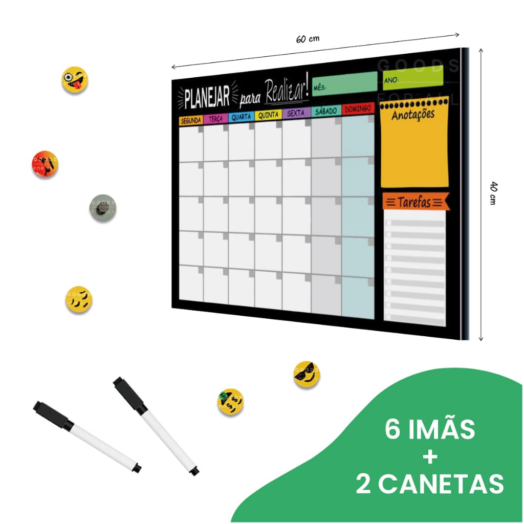 Quadro Planner Lousa Magnética de Anotações 40x60cm Planejamento Semanal Colorido + 6 imas e 2 Canetas com Apagador
