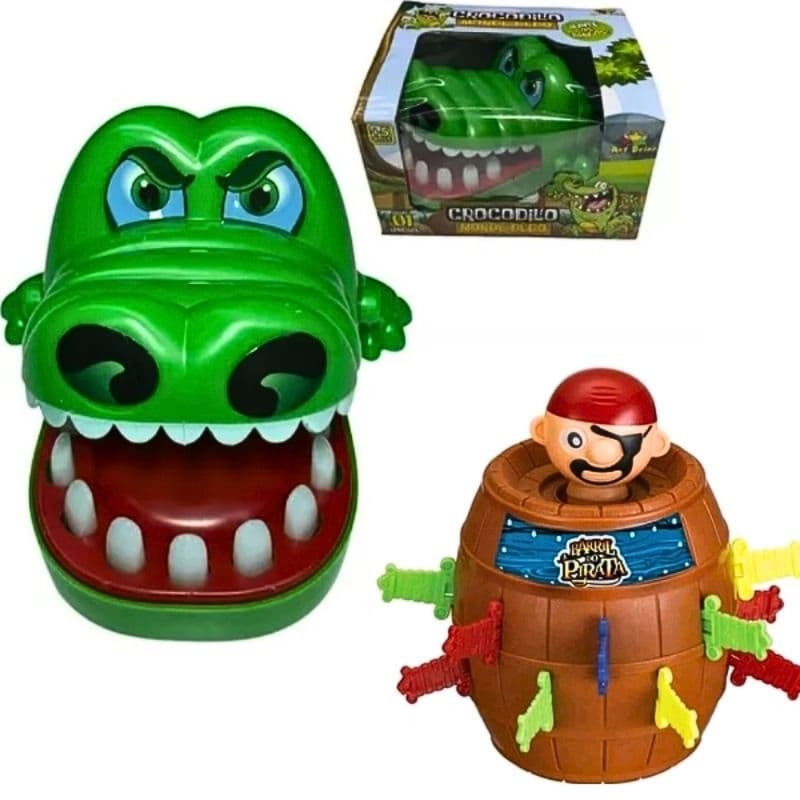 Kit 2 Brinquedos Jogo Pula Pirata Barril E Jacaré Clocodilo Morde Dedo
