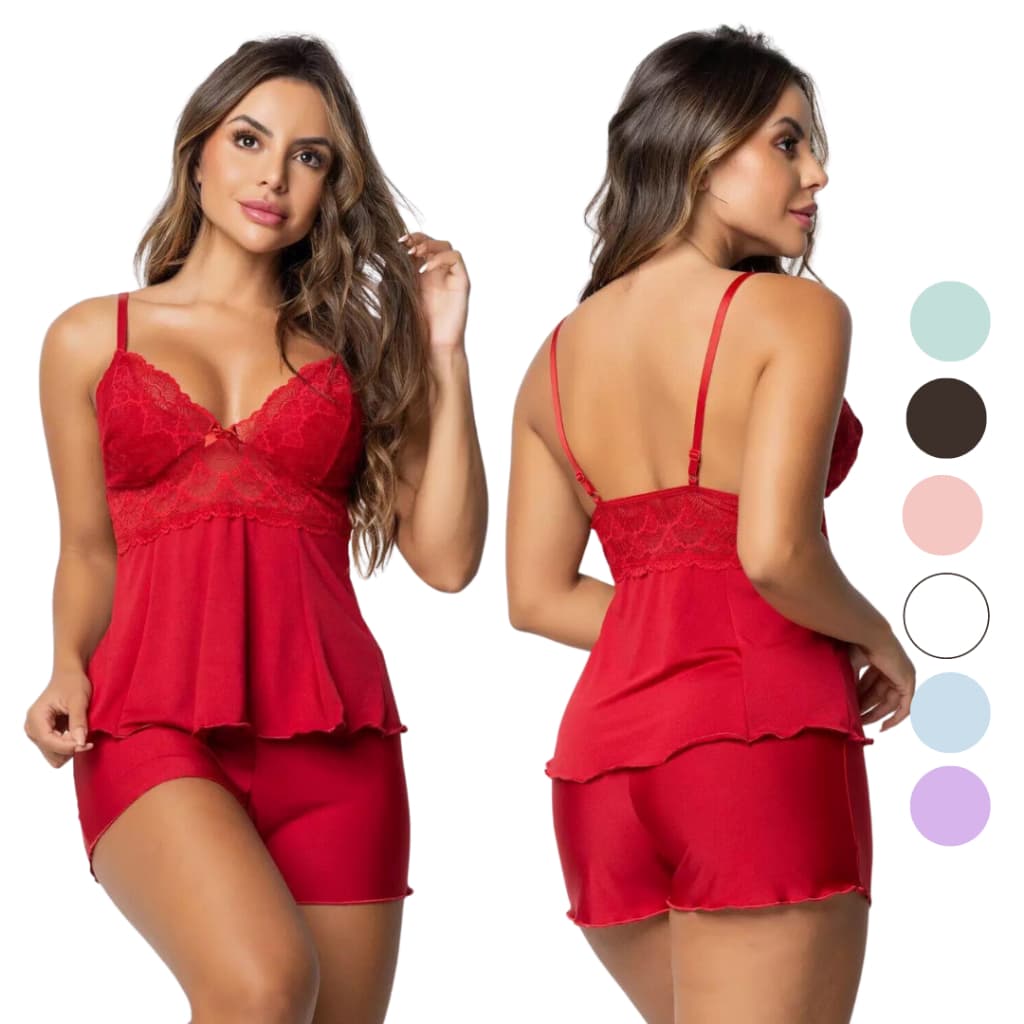 Pijama Baby Doll Sexy Short Doll Feminino Detalhe de Renda Luxo