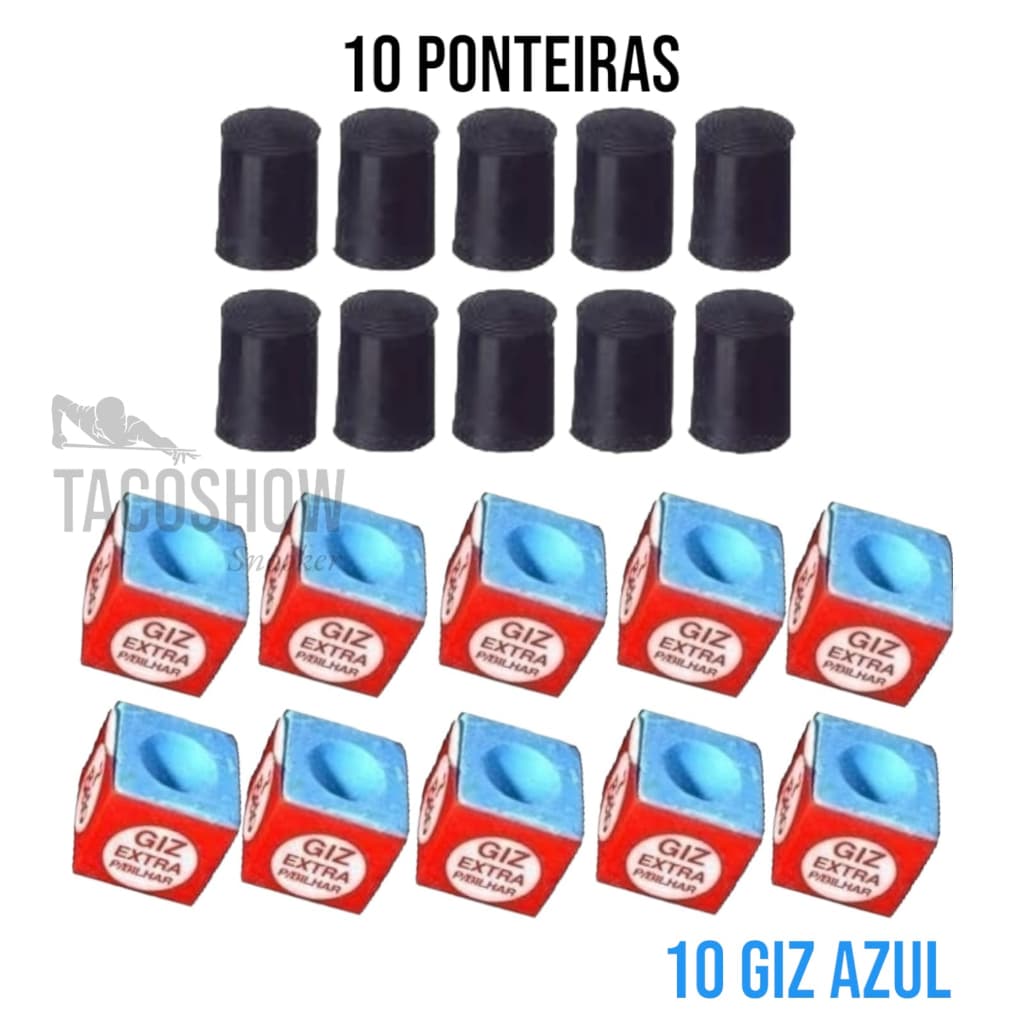 10 Virolas Ponteira Rista + 10 Giz Azul 7 Belo Comum Para Taco Bilhar Sinuca Snooker Ponteiras Bar Kit