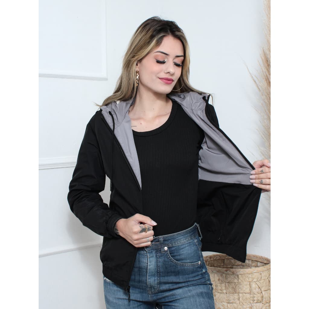 Jaqueta Corta Vento Dupla Face Feminina Impermeável Com Capuz