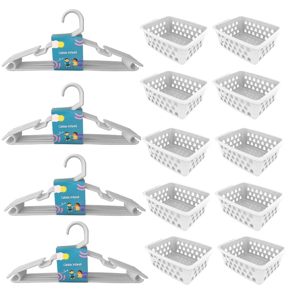 Kit 10 Cestos Organizador Pequeno Branco + 20 Cabides Branco Infantil Bebê