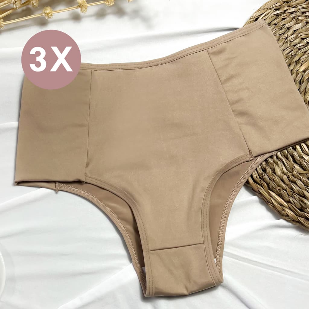 Kit com 3 Calcinhas Nude Cintura Alta Pala Dupla Forro 100% Algodão Nâo Marca Cós Alto Ultra Confort