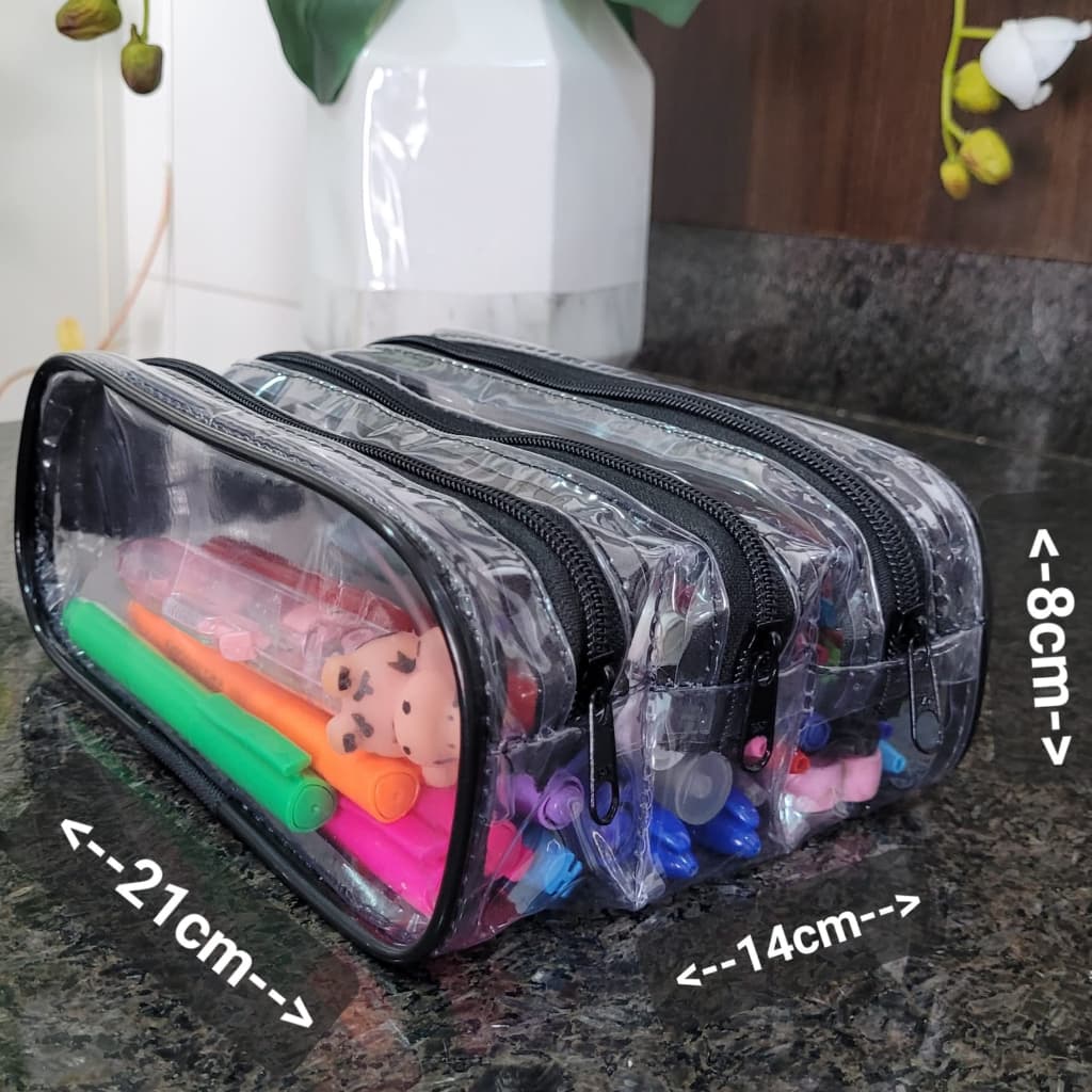 ESTOJO TRANSPARENTE COM FRISO PRETO CONTENDO 3 REPARTIÇÕES