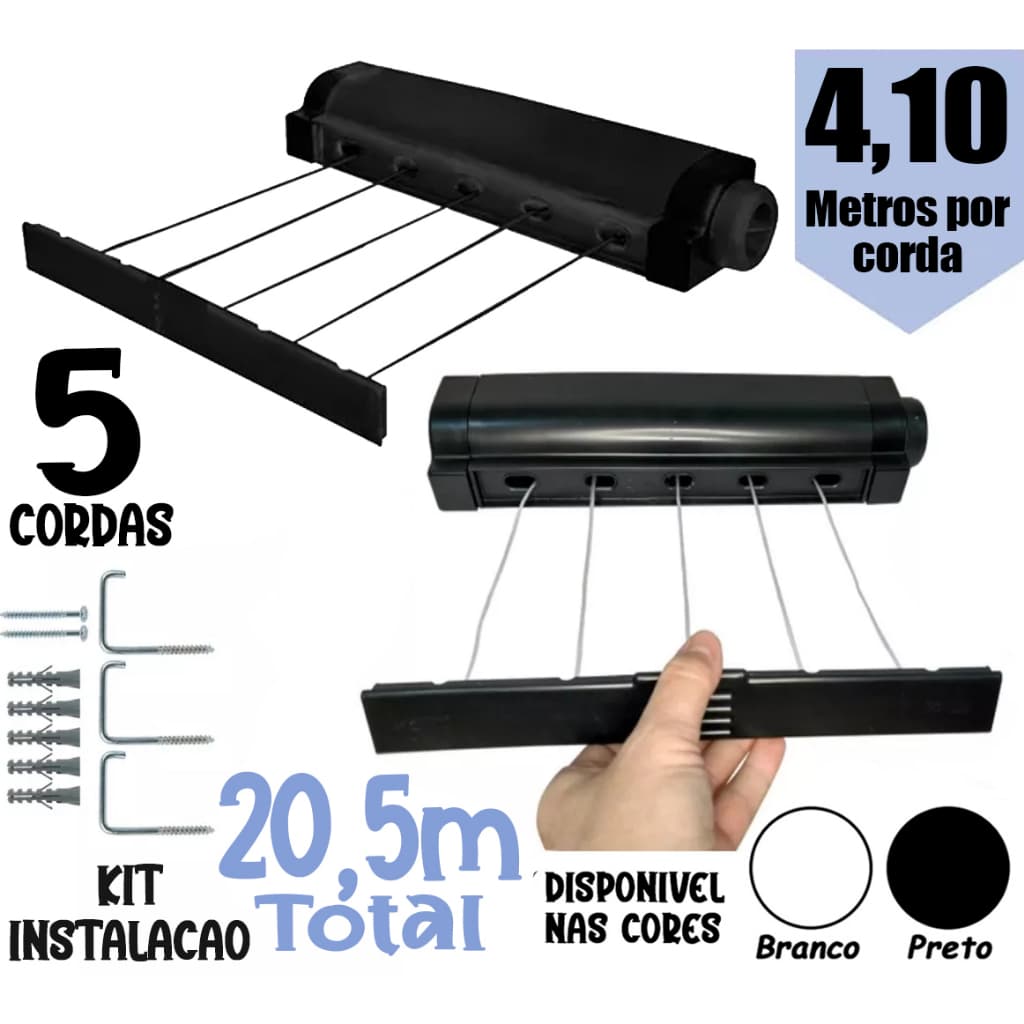 Varal Retratil Parede Automatico 5 Cordas Portátil Extensível Rotoflex Secalux